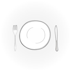 flat white plate with fork and knife, restaurant symbol.vector illustration.