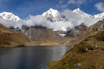 Fototapeta na wymiar Panoramic View from the western end of Lagona Carhuacocha to Mount Yerupajá, Andes Mountains, Peru
