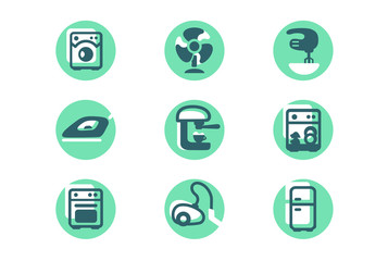Set icons with home appliances, fridge, washer, vacuum cleaner, oven, mixer, fan.
