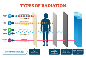 Types of radiation vector illustration diagram and labeled example scheme. - obrazy, fototapety, plakaty