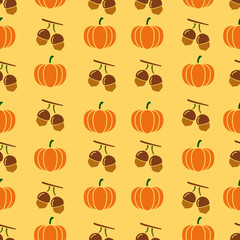 Autumnal Thanksgiving orange seamless pattern with pumpkin and acorns illustration.