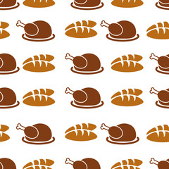 Autumnal Thanksgiving orange seamless pattern with turkey and bread illustration on white background