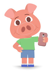 young pink pig in shorts and shirt stands isolated on white background and holds the phone. symbol of the year. flat style cartoon