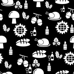 Autumnal Thanksgiving black and white seamless pattern with turkey and bread illustration on black background