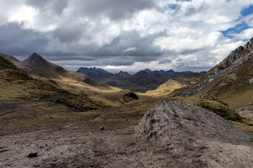 Panoramic View of mountains in the Cordillera Huayhuash, Andes Mountains, Peru