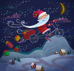 Fototapeta na wymiar Santa Claus flying by magic bicycle