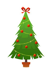 Beautiful elegant green Christmas tree bright garland vector illustration on white background
