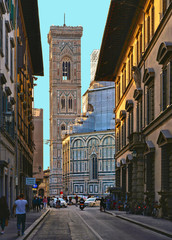 cityscape and street view with Famous Duomo Santa Maria Del Fiore, Baptistery and Giotto's Campanile  in Florence, Tuscany, Italy