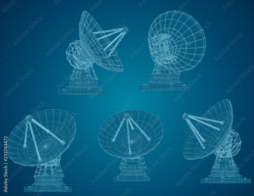 Wall mural vector set. radio antenna. astronomy and space research