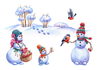 Family of snowmen feeding bullfinches, watercolor painting on white background. Christmas Christmas card with snowmen.