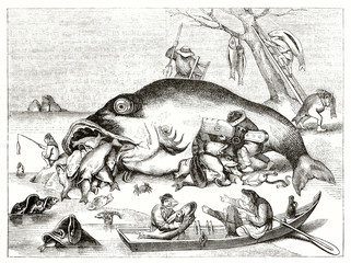 Ancient grotesque context in a old engraving illustration. Big fish lying after a fishing trip. After Pieter Bruegel the Elder published on Magasin Pittoresque Paris1839 - obrazy, fototapety, plakaty