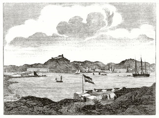 Old view on the port of Cartagena, Spain, with ships approaching and mountains far on background. Created by Garneray and Breviere published on Magasin Pittoresque Paris1839