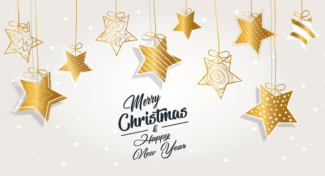 Greeting card Merry Christmas background. Vector illustration with Christmas elements stars. The colors white, gold and black