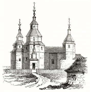 Old view of a Cossack church (muscovite architecture) on white background with a little part of countryside. By unidentified author published on Magasin Pittoresque Paris 1839