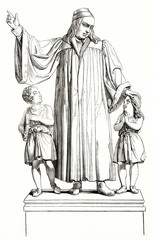 Old reproduction of a statue portraying August Hermann Franke (1663 - 1727) German Lutheran clergyman. By Wattier Andrew Best and Leloir after Rauch publ. on Magasin Pittoresque Paris1839
