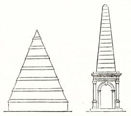 Two ancient schematic details of funerary architecture. Pyramid shape and obelisque shape with an arch base. By unidentified author, publ. on Magasin Pittoresque, Paris, 1839