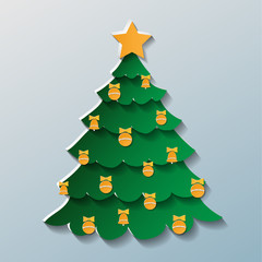 The image of Christmas tree on grey background. Paper style