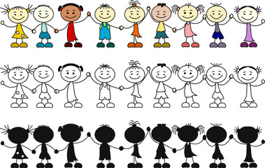Kinder verschiedener Nationalitäten Hand in Hand - bunt, s/w und Silhouetten