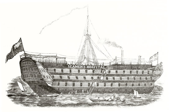 Ancient Grand English Hospital Ship On The Thames River Near Greenwich. Isolated Graphic On White Background And Little Part Of Water. By Unidentified Author Magasin Pittoresque Paris 1839