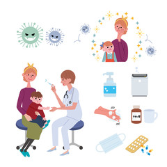 インフルエンザ　予防接種　注射　イラスト セット
