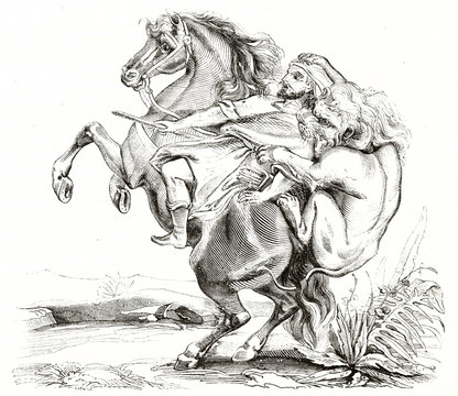 Cruel Lion attacks his hunter on his backs like an ambush making his horse rearing up scared. Ancient detailed illustration by unidentified author published on Magasin Pittoresque Paris 1839