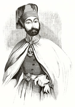 Mahmud II (1785  - 1839), Sultan of the Ottoman Empire, in his traditional uniform with white mantle and elegant fez. ncient portrait by unidentified author published on Magasin Pittoresque Paris1839