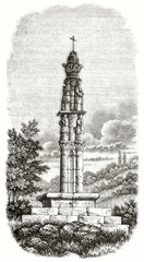 ancient stone monument, column shaped, alone in the deep forest. Old view of Nerigean cross Gironde France. By unidentified author published on Magasin Pittoresque Paris 1839