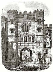 Ancient front view of Newgate old gate and prison in London, high heavy strong stone medieval edifice. Created by Wittock and Wimper published on Magasin Pittoresque Paris 1839