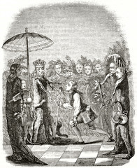 Old illustration depicting Niels Klim in front of the King of Potu (from the Holberg's novel). After Abilgaard published on Magasin Pittoresque Paris 1839