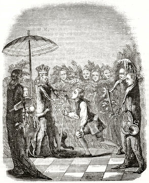 Old illustration depicting Niels Klim in front of the King of Potu (from the Holberg's novel). After Abilgaard published on Magasin Pittoresque Paris 1839