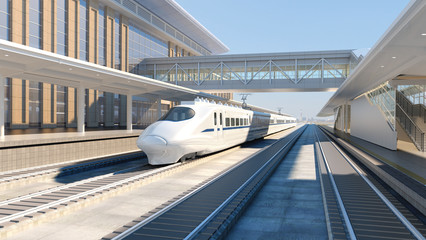 White modern high speed train on railway station at sunset Railway tourism 3d render © nosorogua