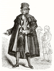 Old illustration of the Grand Marshal of Saint John of Jerusalem knights (Knights of Malta) in his typical long coated uniform and hat. Published on Magasin Pittoresque Paris 1839