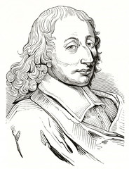 Ancient bust minimal outlined portrait of Blaise Pascal (1623-1662) French mathematician physicist and Christian philosopher. By unidentified author published on Magasin Pittoresque Paris 1839 - obrazy, fototapety, plakaty