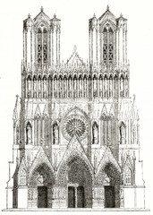 Fototapeta premium Ancient isolated typical gothic facade of a french cathedral rich of detailed sculptures and spiers. Old view of Reims, France. By unidentified author published on Magasin Pittoresque Paris 1839