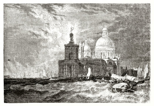 Rough sea during a storm in Venice and the Cathedral on background. Old view of Punta della Dogana Venice Italy. By unidentified author published on Magasin Pittoresque Paris 1839