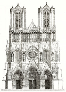 Ancient isolated typical gothic facade of a french cathedral rich of detailed sculptures and spiers. Old view of Reims, France. By unidentified author published on Magasin Pittoresque Paris 1839