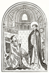 Old engraved reproduction of a miniature depicting John of Lancaster Duke of Bedford kneing and praying in front of Saint George. By unidentified author publ. on Magasin Pittoresque Paris 1839