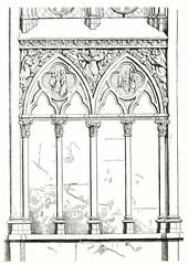 Old engraved reproduction of pointed arched windows and detailed bas reliefs in the Sainte-Chapelle (Holy Chapel) Paris. By unidentified author published on Magasin Pittoresque Paris 1839