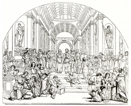 Ancient greek people in a large hall wearing tunics. Old engraved reproduction of The School of Athens Renaissance fresco in the Apostolic Palace Vatican city. Magasin Pittoresque Paris 1839