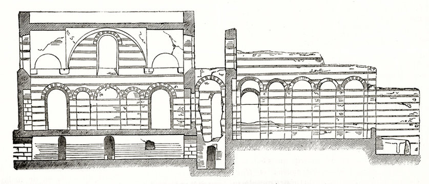Old cross section of Roman thermes in Paris. Typical roman stone architectural elements like arched doors. By unidentified author published on Magasin Pittoresque Paris 1839