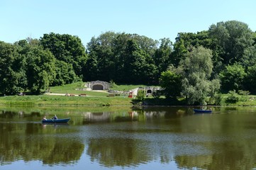 Upper Kuzminsky pond in the natural-historical park "Kuzminki-Lyublino". View of the Grotto.