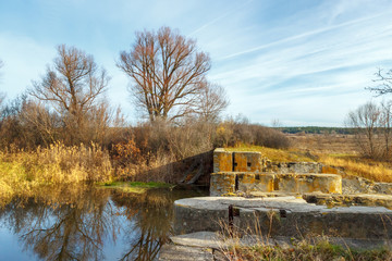 Ruins of the abandoned Soviet Union hydroelectric power station on the small river Kalitva (Rostov-on-Don region, Russia)