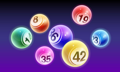 Vector crystal bingo lottery number balls set on dark background