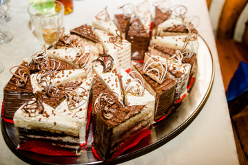 Chocolate cream cake on a buffet