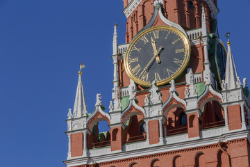 close up of clock on spasskaya Tower of Moscow Kremlin