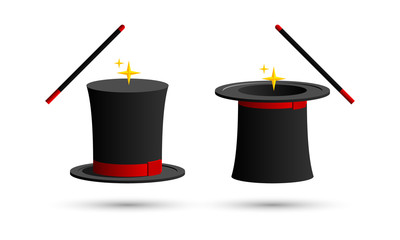 Set of magic hat and wand vector icon.