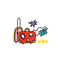 Travel card concept with luggage, camera and text. Doodle style