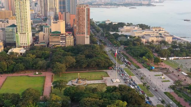 Aerial panoramic view of Manila, modern capital city of Philippines, Dr. Jose P. Rizal Park - landscape panorama of Asia from above