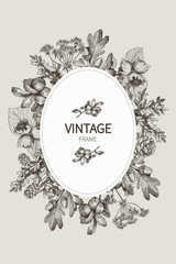 Beautiful card with a round wreath of different plants of vintage garden and forest. Black and white frame of the fern, mushrooms and berrieson on a creme background. Vector illustration