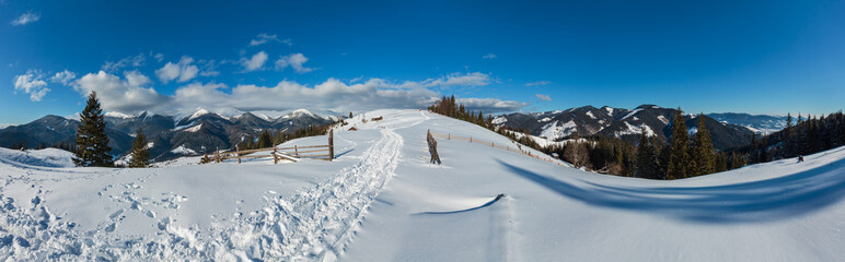 Winter  morning mountain rural snow covered path